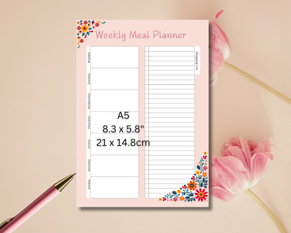 Our retro floral gift set contains: 1 Shopping List (21cm x 10cm) 1 A5 daily to-do list pad with 50 pages (15cm x 21cm) 1 A5 meal planner pad with 50 pages (15cm x 21cm) 1 A4 weekly planner pad with 50 pages (30cm x 21cm) Everything comes packed inside a large letter-sized box.