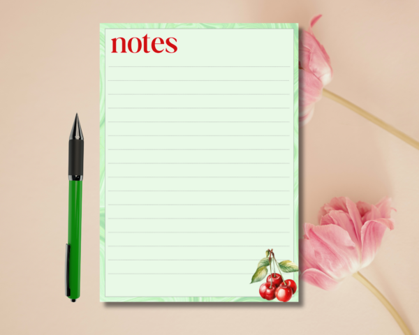 I adore the simplicity of this cherry-themed notepad. It has 50 A5 pages and is printed on 90gsm white paper.