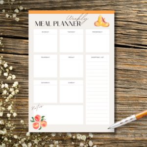 A5 Weekly Meal Planner with Peaches Notepad has 50 pages, it is printed on 90gsm paper and is glued at the top. It is ideal to plan your meals for the week, compile a shopping list and pop in your handbag to do your shopping.