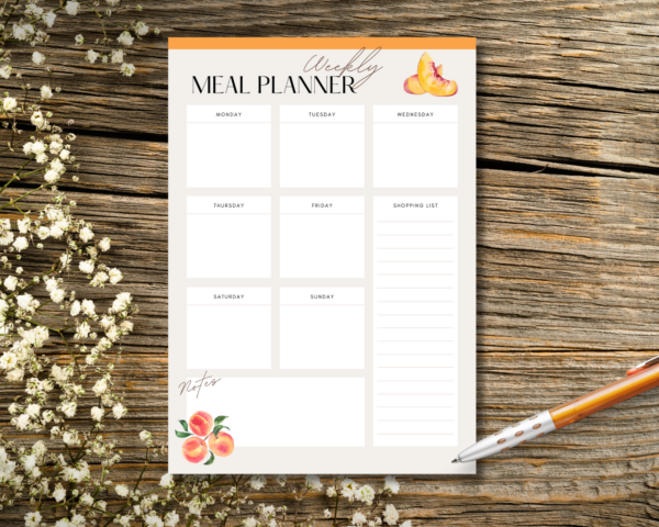 A5 Weekly Meal Planner with Peaches Notepad has 50 pages, it is printed on 90gsm paper and is glued at the top. It is ideal to plan your meals for the week, compile a shopping list and pop in your handbag to do your shopping.