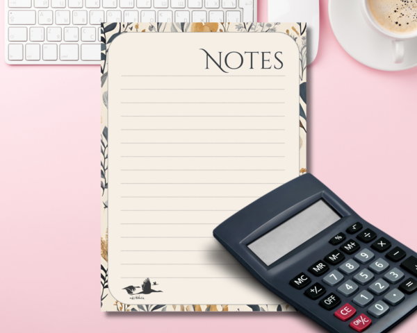 This elegant Blue and Gold floral-themed notepad will look great on any desk or table. It is perfect for making notes, lists, and reminders. It has 50 A5 pages and is printed on 90gsm white paper.