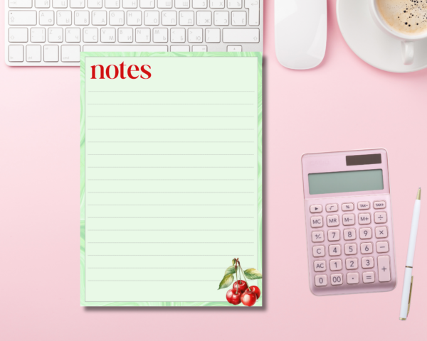 I adore the simplicity of this cherry-themed notepad. It has 50 A5 pages and is printed on 90gsm white paper.