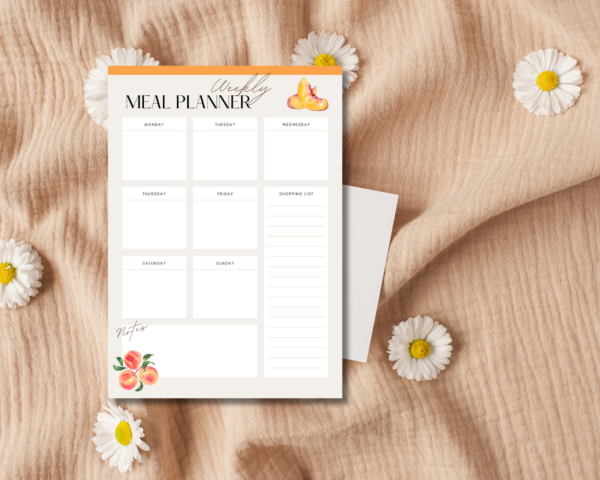 A5 Weekly Meal Planner with Peaches Notepad has 50 pages, it is printed on 90gsm paper and is glued at the top. It is ideal to plan your meals for the week, compile a shopping list and pop in your handbag to do your shopping.