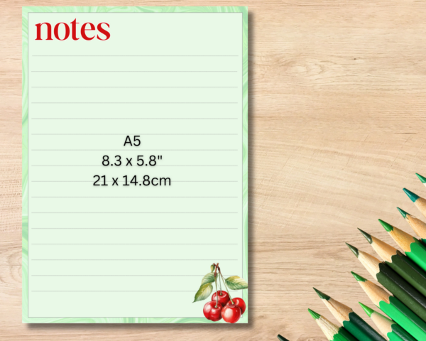 I adore the simplicity of this cherry-themed notepad. It has 50 A5 pages and is printed on 90gsm white paper.