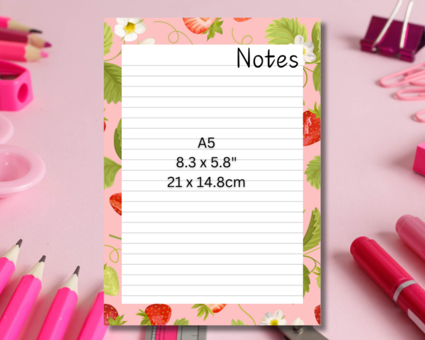 This bright and beautiful strawberry-themed notepad will cheer your desk up for sure. It has 50 A5 pages and is printed on 90gsm white paper.