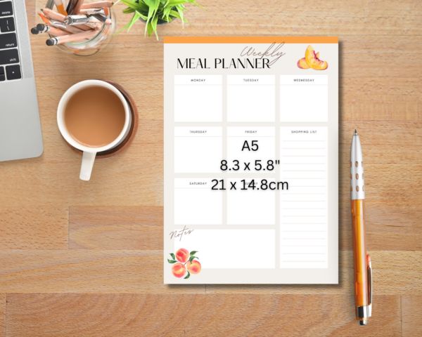 A5 Weekly Meal Planner with Peaches Notepad has 50 pages, it is printed on 90gsm paper and is glued at the top. It is ideal to plan your meals for the week, compile a shopping list and pop in your handbag to do your shopping.