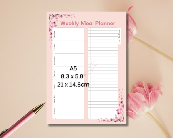 A5 Weekly meal planner with Cherry Blossom Design