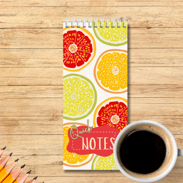 Our Autumn citrus-themed spiral bound notebook size 10cm x 21cm -is  ideal to fit in your handbag or next to your computer. It is perfect for notes, lists or simply to write down quick ideas in the middle of the day or night before you forget about them.