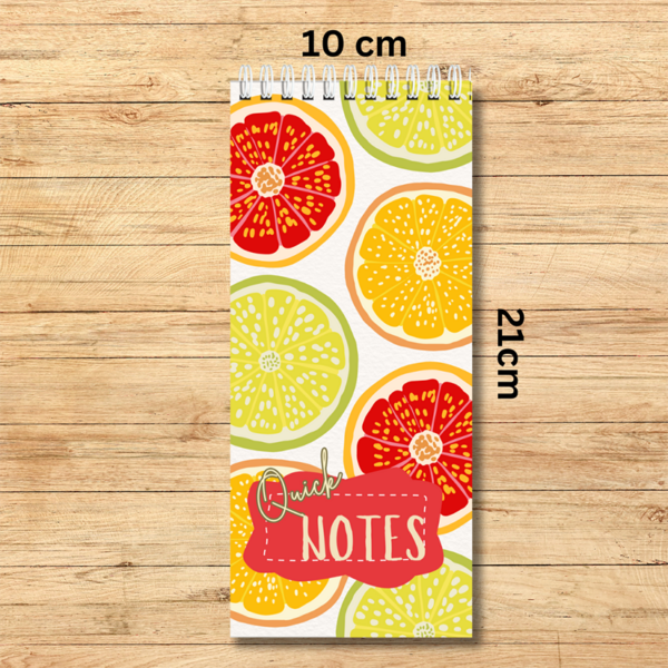 Our Autumn citrus-themed spiral bound notebook size 10cm x 21cm -is  ideal to fit in your handbag or next to your computer. It is perfect for notes, lists or simply to write down quick ideas in the middle of the day or night before you forget about them.