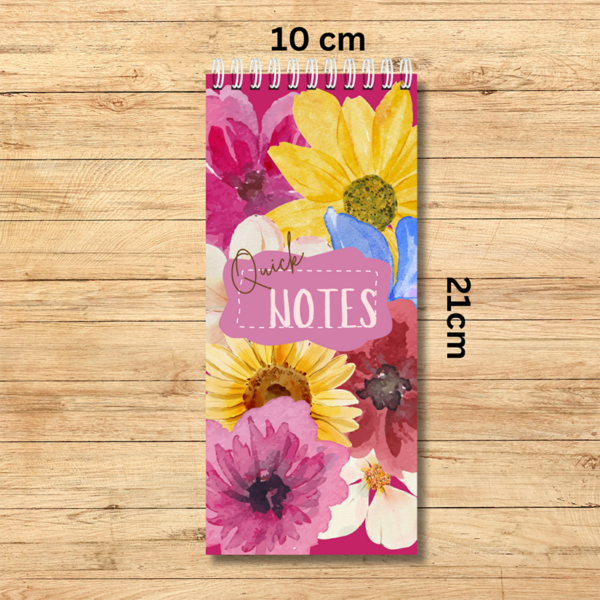 Our bright floral-themed notebook is spiral-bound and is  10cm x 21cm - it is ideal to fit in your handbag or next to your computer. It is perfect for notes, lists or simply to write down quick ideas in the middle of the day or night before you forget about them.