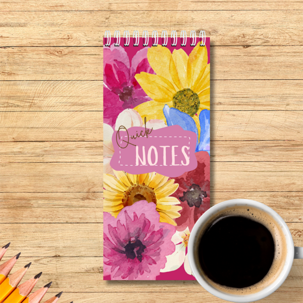 Our bright floral-themed notebook is spiral-bound and is  10cm x 21cm - it is ideal to fit in your handbag or next to your computer. It is perfect for notes, lists or simply to write down quick ideas in the middle of the day or night before you forget about them.