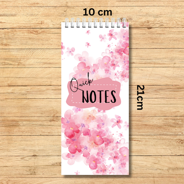 Our Notebook Spiral Bound 10cm x 21 cm pink floral theme - is  ideal to fit in your handbag or next to your computer. It is perfect for notes, lists or simply to write down quick ideas in the middle of the day or night before you forget about them.