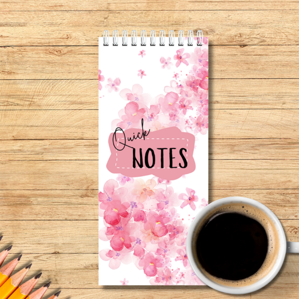 Our Notebook Spiral Bound 10cm x 21 cm pink floral theme - is  ideal to fit in your handbag or next to your computer. It is perfect for notes, lists or simply to write down quick ideas in the middle of the day or night before you forget about them.