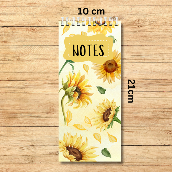 Our Notebook Spiral Bound 10cm x 21 cm sunflower theme - is ideal to fit in your handbag or next to your computer. It is perfect for notes, lists or simply to write down quick ideas in the middle of the day or night before you forget about them.