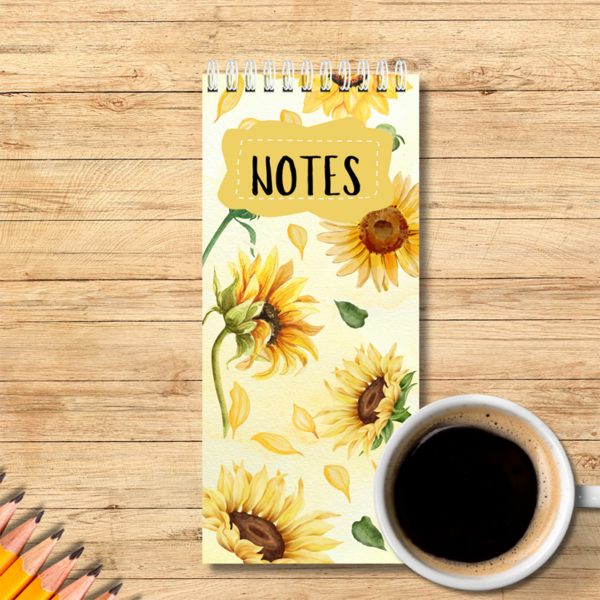 Our Notebook Spiral Bound 10cm x 21 cm sunflower theme - is ideal to fit in your handbag or next to your computer. It is perfect for notes, lists or simply to write down quick ideas in the middle of the day or night before you forget about them.