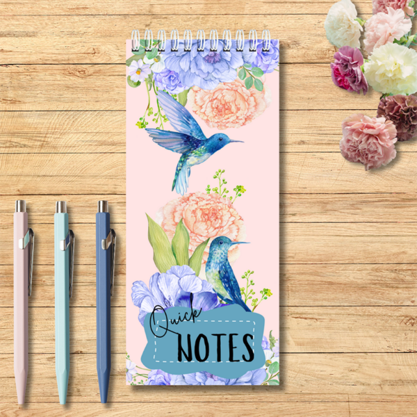 Notebook Spiral Bound 10cm x 21 cm hummingbirds and flowers theme