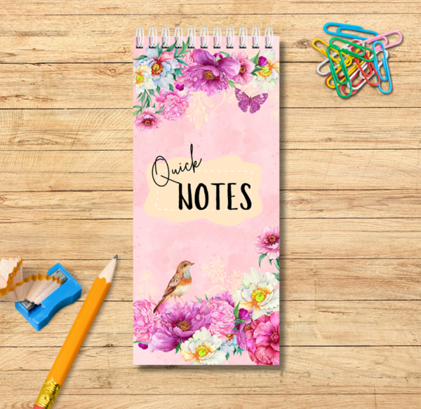 Notebook Spiral Bound 10cm x 21 cm robins and purple flowers theme