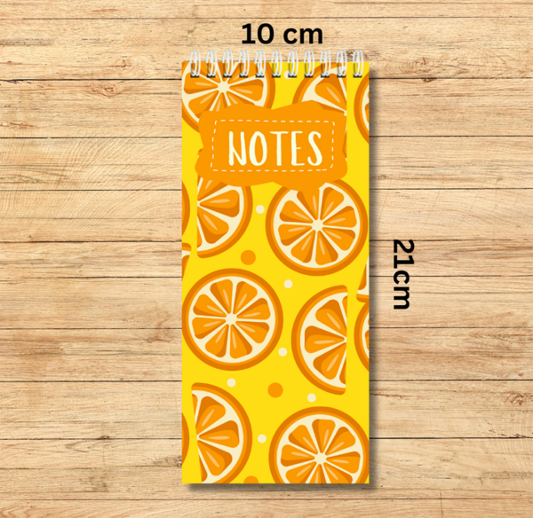 Our Autumn orange slices themed spiral bound notebook size 10cm x 21cm -is  ideal to fit in your handbag or next to your computer. It is perfect for notes, lists or simply to write down quick ideas in the middle of the day or night before you forget about them.