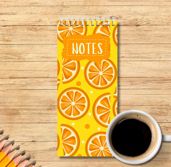 Our Autumn orange slices themed spiral bound notebook size 10cm x 21cm -is  ideal to fit in your handbag or next to your computer. It is perfect for notes, lists or simply to write down quick ideas in the middle of the day or night before you forget about them.