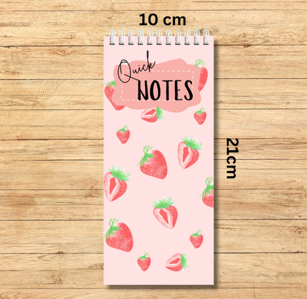 Our Autumn strawberry-themed spiral bound notebook size 10cm x 21cm -is  ideal to fit in your handbag or next to your computer. It is perfect for notes, lists or simply to write down quick ideas in the middle of the day or night before you forget about them.