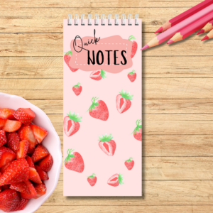 Our Autumn strawberry-themed spiral bound notebook size 10cm x 21cm -is  ideal to fit in your handbag or next to your computer. It is perfect for notes, lists or simply to write down quick ideas in the middle of the day or night before you forget about them.