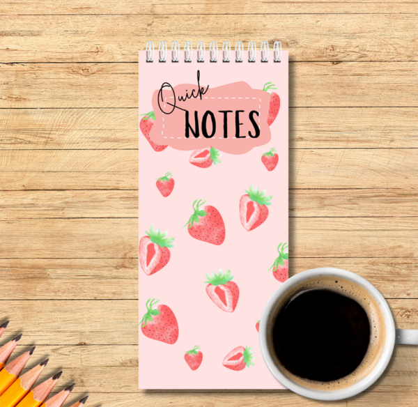 Our Autumn strawberry-themed spiral bound notebook size 10cm x 21cm -is  ideal to fit in your handbag or next to your computer. It is perfect for notes, lists or simply to write down quick ideas in the middle of the day or night before you forget about them.