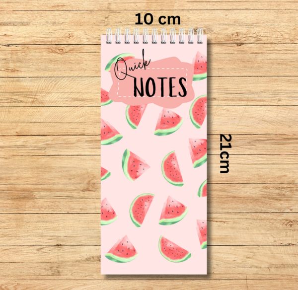 Our Autumn watermelon-themed spiral bound notebook size 10cm x 21cm -is  ideal to fit in your handbag or next to your computer. It is perfect for notes, lists or simply to write down quick ideas in the middle of the day or night before you forget about them.