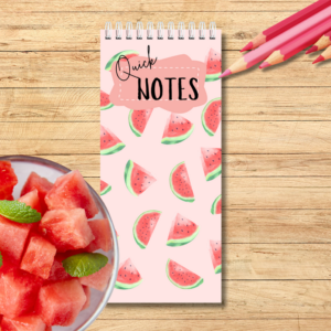 Our Autumn watermelon-themed spiral bound notebook size 10cm x 21cm -is  ideal to fit in your handbag or next to your computer. It is perfect for notes, lists or simply to write down quick ideas in the middle of the day or night before you forget about them.