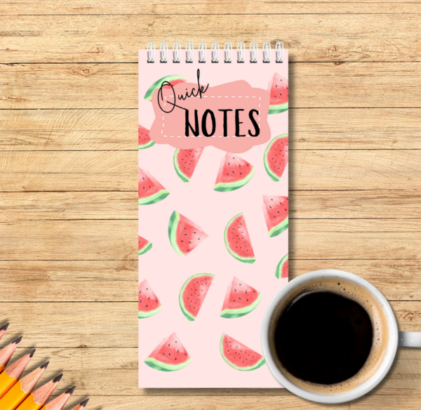 Our Autumn watermelon-themed spiral bound notebook size 10cm x 21cm -is  ideal to fit in your handbag or next to your computer. It is perfect for notes, lists or simply to write down quick ideas in the middle of the day or night before you forget about them.