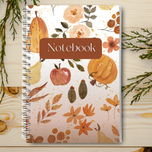 Our A4 or A5 Notebook Spiral Bound with autumn fruits and flowers on the  cover is handmade by a small business in Ballachulish, Scotland. The cover is printed on 300gsm glossy paper and it has 75 lined pages inside (so 150 pages for you to write on).