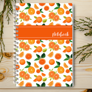 Our A4 or A5 Notebook Spiral Bound with citrus fruits on the cover is handmade by a small business in Ballachulish, Scotland. The cover is printed on 300gsm glossy paper and the notebook has 75 lined pages inside (so 150 pages for you to write on). It has a 1000gsm greyboard backing to keep your notebook sturdy.