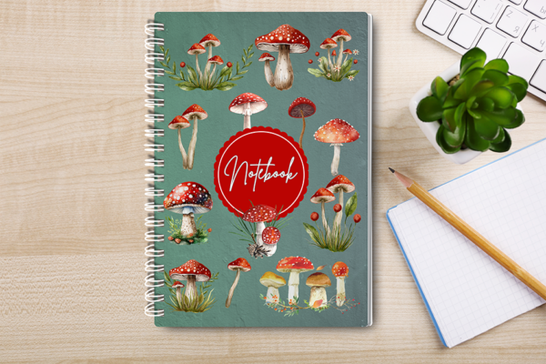 Our A4 or A5 Notebook Spiral Bound with a mushroom theme cover is handmade by a small business in Ballachulish, Scotland.