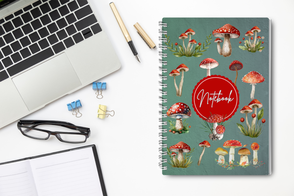 Our A4 or A5 Notebook Spiral Bound with a mushroom theme cover is handmade by a small business in Ballachulish, Scotland.