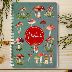 Our A4 or A5 Notebook Spiral Bound with a mushroom theme cover is handmade by a small business in Ballachulish, Scotland.