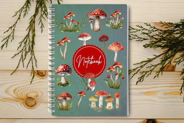 Our A4 or A5 Notebook Spiral Bound with a mushroom theme cover is handmade by a small business in Ballachulish, Scotland.