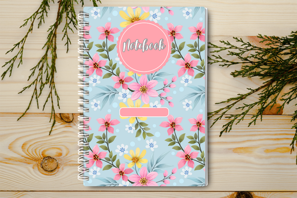 A4 / A5 Notebook Spiral Bound with a pink and blue floral cover