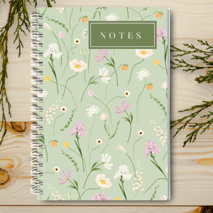 Our A4 or A5 Notebook Spiral Bound with a green floral cover is handmade by a small business in Ballachulish, Scotland.