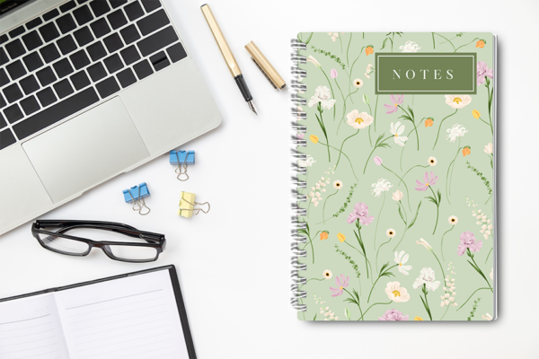 Our A4 or A5 Notebook Spiral Bound with a green floral cover is handmade by a small business in Ballachulish, Scotland.