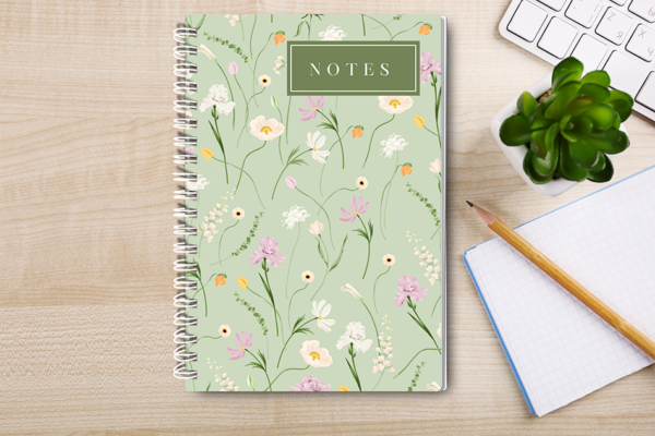 Our A4 or A5 Notebook Spiral Bound with a green floral cover is handmade by a small business in Ballachulish, Scotland.