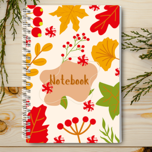 Our A4 or A5 Notebook Spiral Bound with a bright autumn leaves cover is handmade by a small business in Ballachulish, Scotland.  The cover is printed on 300gsm glossy paper and it has 75 lined pages inside (so 150 pages for you to write on).  It has a 1000gsm greyboard backing to keep your notebook sturdy.