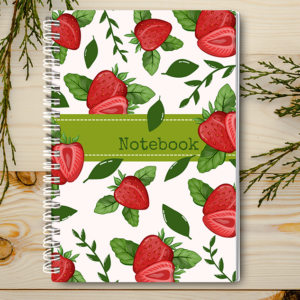 Our A4 or A5 Notebook Spiral Bound with strawberries on a white background on the cover is handmade by a small business in Ballachulish, Scotland.