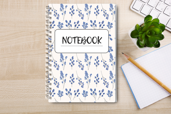 Our A4 or A5 Notebook Spiral Bound with a blue floral cover cover is handmade by a small business in Ballachulish, Scotland.