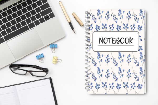 Our A4 or A5 Notebook Spiral Bound with a blue floral cover cover is handmade by a small business in Ballachulish, Scotland.