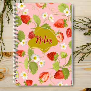 Our A4 or A5 Notebook Spiral Bound with strawberries on the cover is handmade by a small business in Ballachulish, Scotland. The cover is printed on 300gsm glossy paper and the notebook has 75 lined pages inside (so 150 pages for you to write on).