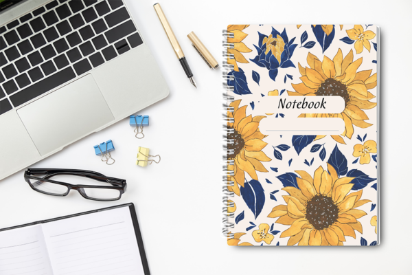 Our A4 or A5 Notebook Spiral Bound with sunflowers on the cover is handmade by a small business in Ballachulish, Scotland.