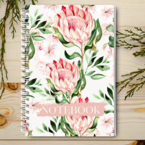 Our A4 or A5 Notebook Spiral Bound with a Pink and Green Protea cover is handmade by a small business in Ballachulish, Scotland.