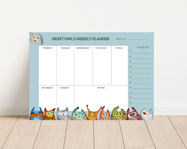 A4 Weekly Planner pad with owl design