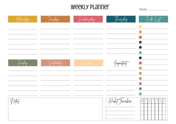 The simple elegance of this lovely A4 planner, printed on 120gsm paper, makes it perfect for everyday use. It would make the ideal gift for anyone who likes to stay organised.  The planner has space for each day of the week, a to-do list, a habit tracker, and extra space for notes.