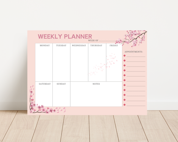 A4 Weekly Planner with cherry blossom design printed on 120gsm white paper