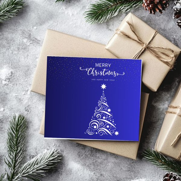 Christmas Card with a ornate Christmas tree - available in red or blue